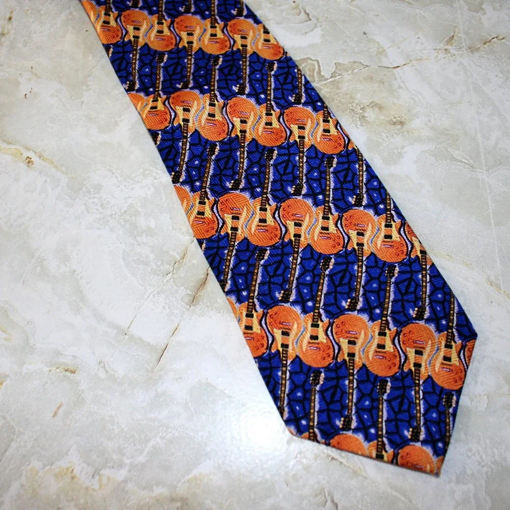 RALPH MARLIN Les Paul Guitar Neck Tie Musical Stripe Blue Silk Necktie